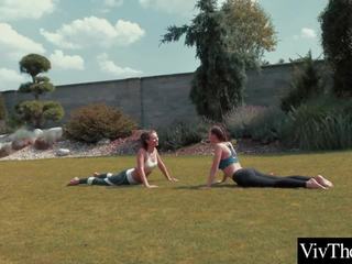 Lesbians do yoga in the taman before licking each others udan pussies