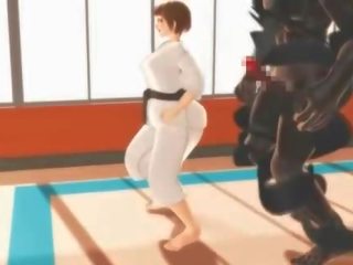 Hentai karate jong vrouw kokhalzen op een massief peter in 3d