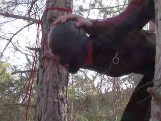 Tied up to a tree outdoors in enticing clothes and fucked hard