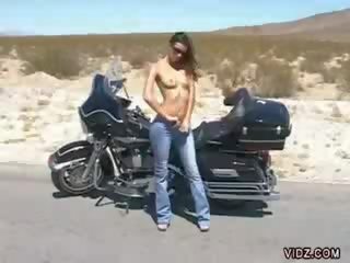 Brunette wings chicks harley davidson bike