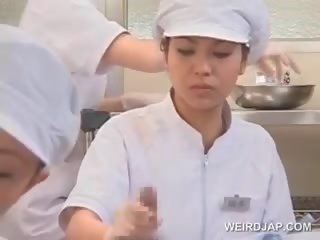 Teen Asian Nurses Rubbing Shafts For Sperm Medical Exam