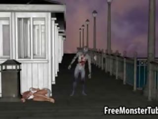 3d rödhårig deity blir körd utomhus av en zombien