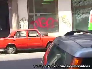 Public blowjob from blonde in red dress